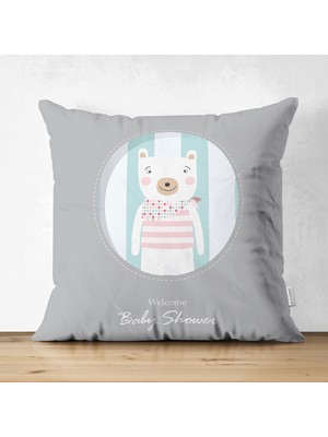 Çift Taraflı Welcome Baby Shower Temalı Sevimli Ayıcık Çocuk Odası Süet Yastık Kırlent Kılıfı