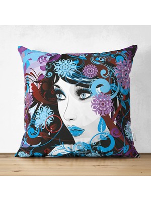 Mavi Ağırlıklı Çiçek Motifli Beautiful Girl Çift Taraflı Dekoratif Süet Yastık Kılıfı