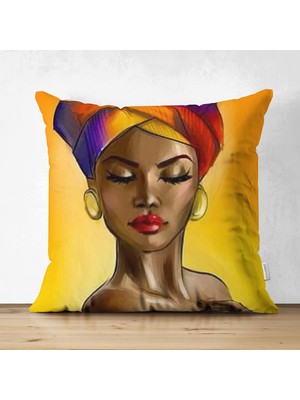 Çift Taraflı Etnik Afrika Kadın Motifli Modern Süet Yastık Kırlent Kılıfı