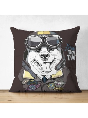 Brave Dog Pilot Motifli Dijital Baskılı Modern Çift Taraflı Süet Yastık Kırlent Kılıfı