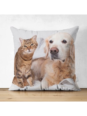 Çift Taraflı Sevimli Kedi ve Köpek Dijital Baskılı Modern Süet Yastık Kırlent Kılıfı