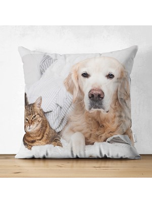 Çift Taraflı Sevimli Köpek ve Kedi Desenli Sevimli Modern Süet Yastık Kırlent Kılıfı