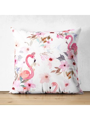 Çift Taraflı Flamingo Desenli Dijital Baskılı Süet Yastık Kırlent Kılıfı