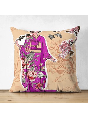 Çift Taraflı Çizgi Desen Zeminli Çiçekli Japon Kadın Motifli Modern Süet Yastık Kılıfı