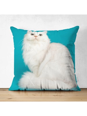 Mavi Zeminde Beyaz Kedi Desenli Modern Çift Taraflı Süet Yastık Kırlent Kılıfı