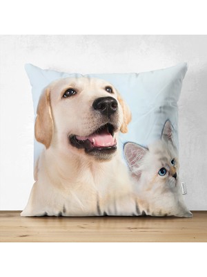 Köpek ve Kedili Dijital Baskılı Modern Çift Taraflı Süet Yastık Kırlent Kılıfı