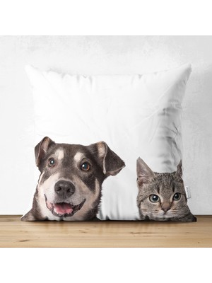 Sevimli Köpek ve Kedi Desenli Sevimli Modern Çift Taraflı Süet Yastık Kırlent Kılıfı