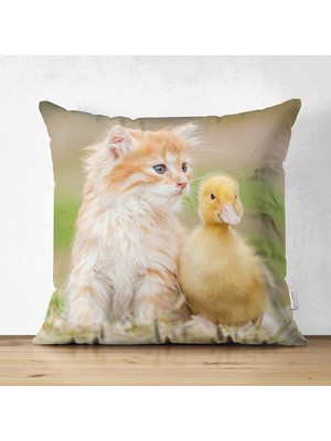 Sevimli Kedi ve Ördek Motifli Modern Çift Taraflı Süet Yastık Kırlent Kılıfı