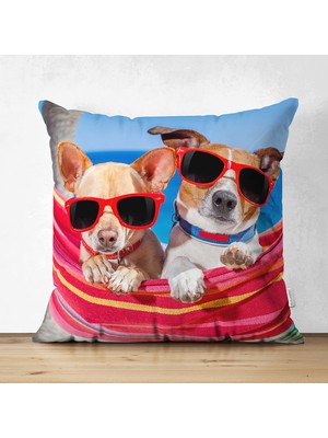 Hamaktaki Köpekler Motifli Modern Çift Taraflı Süet Yastık Kırlent Kılıfı