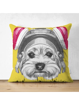 Kulaklıklı Köpek Motifli Dijital Baskılı Modern Çift Taraflı Süet Yastık Kırlent Kılıfı