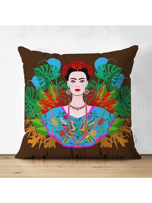Kahverengi Zeminde Çift Taraflı Özel Tasarım Frida Kahlo Dijital Baskılı Süet Kırlent Kılıfı
