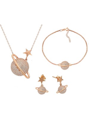 Enes Store Rose Gold Gümüş Gezegen Kadın Kolye Küpe Bileklik Seti