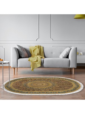 Alanur Home Alanur Yıldız Kaymaz Deri Tabanlı Saçaklı Yıkanabilir Dijital Halı Oval Bej