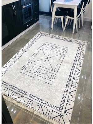 STY Home Hit Hit Kaymaz Tabanlı Yıkanabilir Halı Kilim Yolluk Dijital Baskı Beyaz Siyah