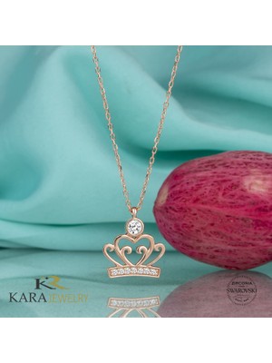 Swarovski Gümüş Kolye  Swarovskı Taşlı Taç Temalı Rose Kaplama Kadın Kolye