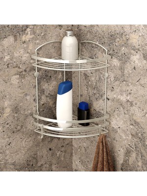 Teknotel 2 Katlı Kancalı Banyo Köşe Rafı Paslanmaz Inox Saten BK082H
