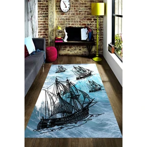 Kaymaz Dot Taban Yıkanabilir  Dijital Baskı Korsan Gemisi Desenli Salon Halısı 80 x 600