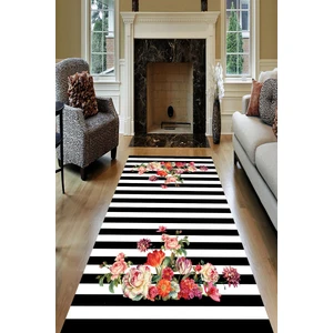 Kaymaz Dot Taban Yıkanabilir  Dijital Baskı Yatay Çizgili Çiçek Tasarımlı Salon Halısı 80 x 100