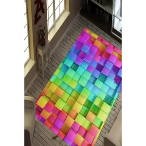 Kaymaz Dot Taban Yıkanabilir  Dijital Baskı Renkli Kareler Salon Halısı 80 x 100