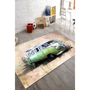 Kaymaz Dot Taban Yıkanabilir  Dijital Baskı Retro Otobüs Çocuk Halısı 80 x 200