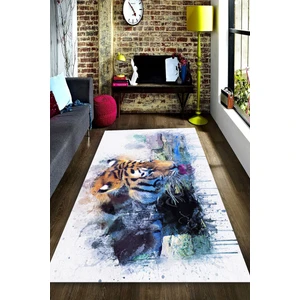 Kaymaz Dot Taban Yıkanabilir  Dijital Baskı Suluboya Efektli Su İçen Kaplan Salon Halısı 80 x 600