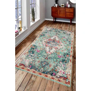 Kaymaz Dot Taban Yıkanabilir  Dijital Baskı Turkuaz Eskitme Desenli Salon Halısı 80 x 200