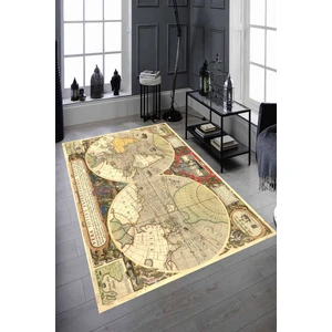 Kaymaz Dot Taban Yıkanabilir  Dijital Baskı Eskitme Harita Tasarımlı Salon Halısı 80 x 100