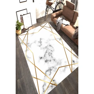 Kaymaz Dot Taban Yıkanabilir  Dijital Baskı Altın Şerit Detaylı Beyaz Mermer Desenli Salon Halısı 100 x 600