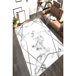 Kaymaz Dot Taban Yıkanabilir  Dijital Baskı Gümüş Şerit Detaylı Beyaz Mermer Desenli Salon Halısı 80 x 100