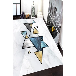 Kaymaz Dot Taban Yıkanabilir Dijital  Baskı Beyaz Zemin Geometrik Üçgen Desenli Salon Halısı 80 x 100