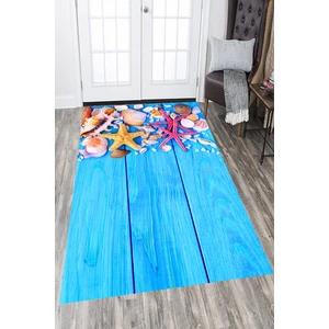 Kaymaz Dot Taban Yıkanabilir  Dijital Baskı Mavi Zemin Deniz Kabukları Desenli Salon Halısı 80 x 200