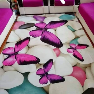 Kaymaz Dot Taban Yıkanabilir  Dijital Baskı Kelebekli Taş Desenli Salon Halısı 80 x 100