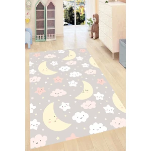 Kaymaz Dot Taban Yıkanabilir  Dijital Baskı Sevimli Bulut ve Yıldızlar Desenli Çocuk Halısı 80 x 100