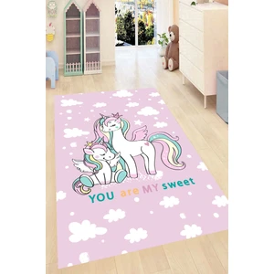 Kaymaz Dot Taban Yıkanabilir  Dijital Baskı Tek Boynuzlu Sevimli Atlar Desenli Çocuk Halısı 80 x 100