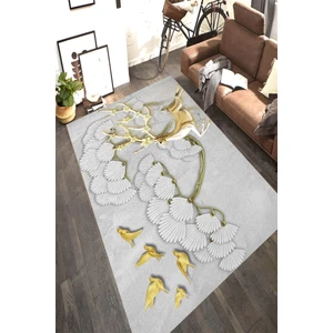 Kaymaz Dot Taban Yıkanabilir  Dijital Baskı Çiçekli Geyik ve Altın Kuş Desenli Salon Halısı 80 x 100