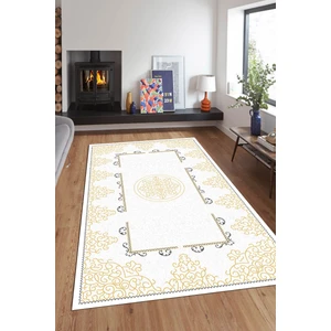 Kaymaz Dot Taban Yıkanabilir  Dijital Baskı Altın Çerçeve Motifli Salon Halısı 80 x 200
