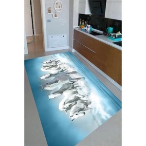 Kaymaz Dot Taban Yıkanabilir  Dijital Baskı Beyaz Atlar ve Mavilikler Desenli Mutfak Halısı 180 x 280