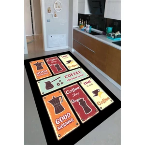 Kaymaz Dot Taban Yıkanabilir  Dijital Baskı Sabah Kahvesi Desenli Mutfak Halısı 80 x 100