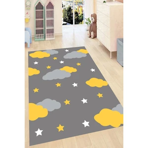Kaymaz Dot Taban Yıkanabilir Dijital  Baskı Sarı Bulut ve Yıldızlar Çocuk Halısı 200 x 300
