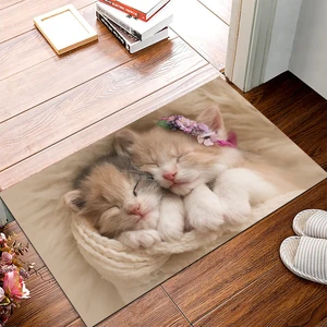 Kaymaz Dot Taban Yıkanabilir  Dijital Baskı Kardeş Kediler Desenli Salon Halısı 80 x 200