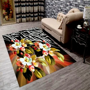 Kaymaz Dot Taban Yıkanabilir  Dijital Baskı Çiçekli Zebra Desenli Salon Halısı 80 x 200