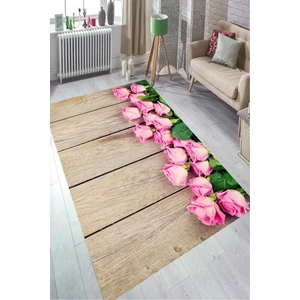 Kaymaz Dot Taban Yıkanabilir Dijital  Baskı Tahta ve Gül Desenli Salon Halısı 80 x 200