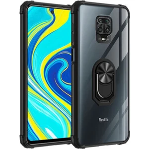 Xiaomi Redmi Note 9 Pro Kapak Şeffaf Yüzüklü Kenar Korumalı Standlı Kılıf - Siyah
