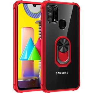 Samsung Galaxy M31 Kapak Şeffaf Yüzüklü Kenar Korumalı Standlı Kılıf - Kırmızı
