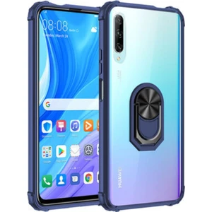 Huawei P Smart Pro 2019 Kapak Şeffaf Yüzüklü Kenar Korumalı Standlı Kılıf - Lacivert