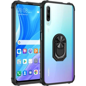 Huawei P Smart Pro 2019 Kapak Şeffaf Yüzüklü Kenar Korumalı Standlı Kılıf - Siyah