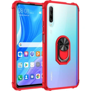 Huawei P Smart Pro 2019 Kapak Şeffaf Yüzüklü Kenar Korumalı Standlı Kılıf - Kırmızı