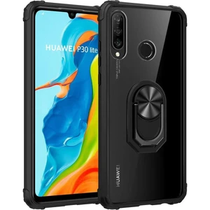 Huawei P 30 Lite Kapak Şeffaf Yüzüklü Kenar Korumalı Standlı Kılıf - Siyah