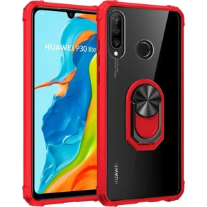 Huawei P 30 Lite Kapak Şeffaf Yüzüklü Kenar Korumalı Standlı Kılıf - Kırmızı