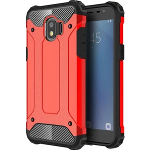 Samsung Galaxy J4 Kapak Çift Katmanlı Zırh Tank Kılıf - Kırmızı